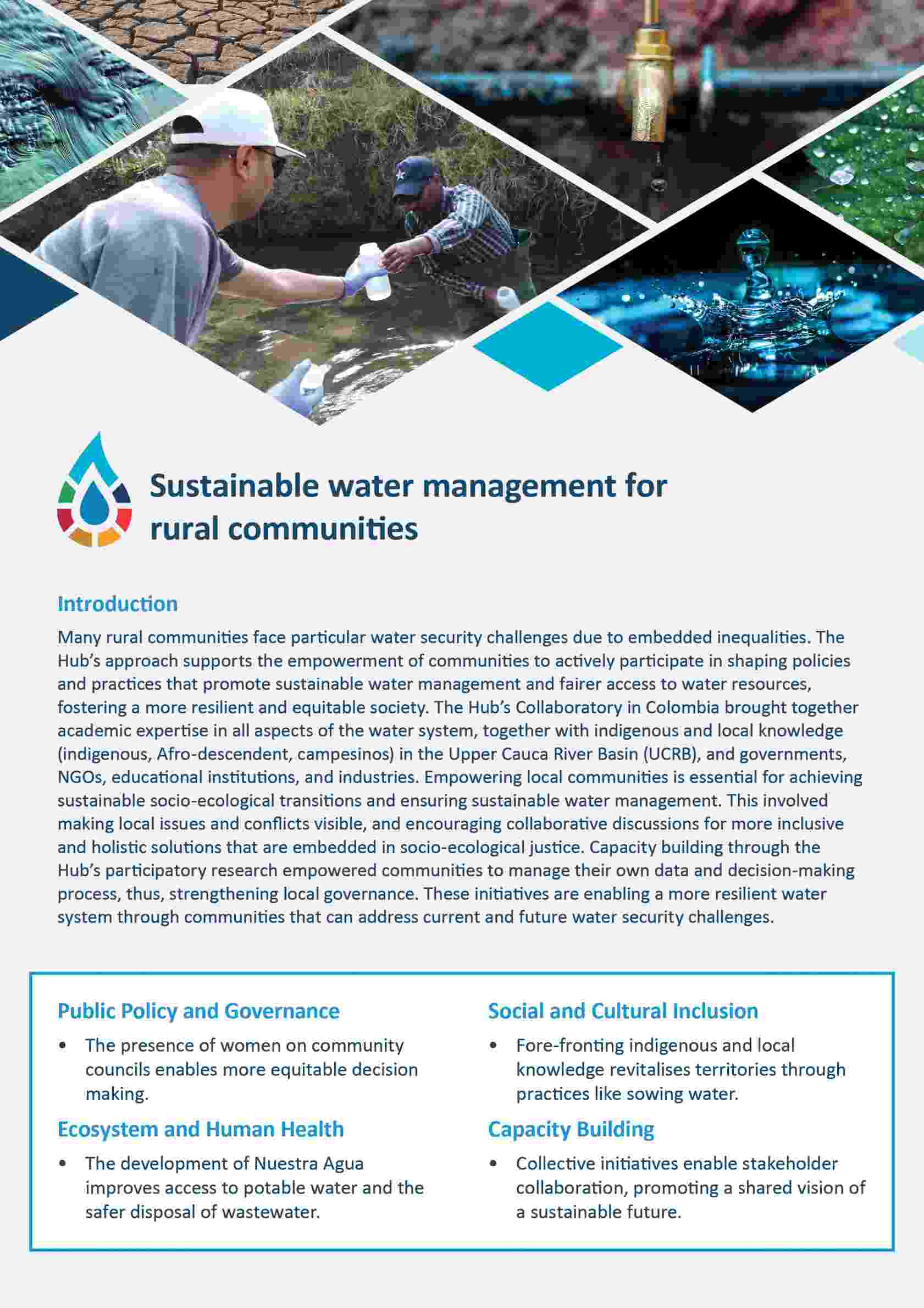 Image of document front cover with text 'Sustainable water management for rural communities'